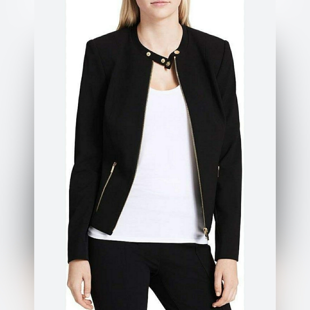 Calvin Klein Black Collarless Zip-Front Blazer Jacket with Gold Hardware Size 10 - Picture 2 of 12